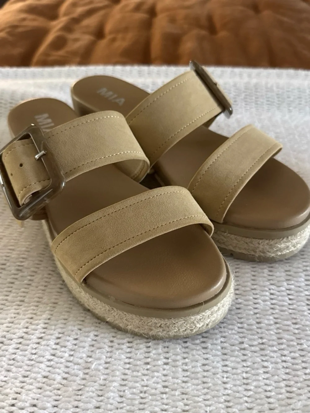MIA Beige Espadrille Slide Sandals with Tortoiseshell Buckle